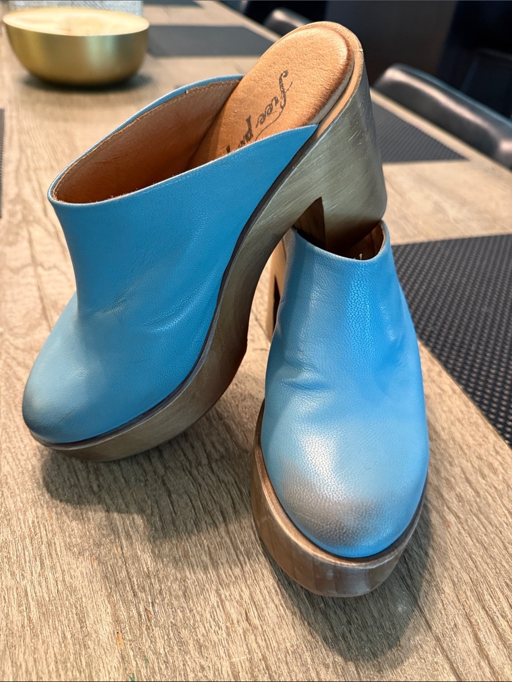 Free People Blue Leather Platform Mules size 37 never worn
